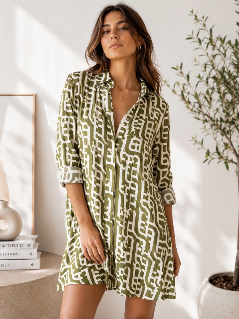 Zara Olive Green & White Geometric Button Shirtdress size medium
